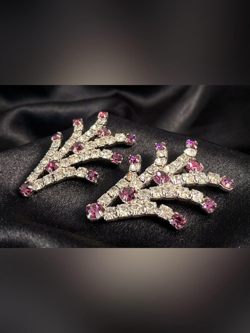 Vintage 1960s Amethyst & Clear Rhinestone Branch Spray Ear Climber Post Earrings